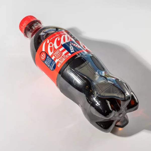 A Coca-Cola bottle with a patriotic red, white, and blue label lies on a white surface.